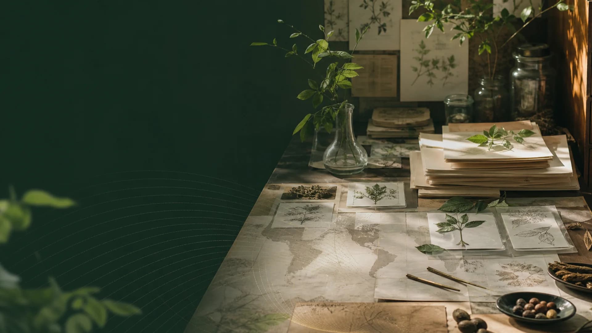 An editorial archive of research papers and botanical references arranged across a world map