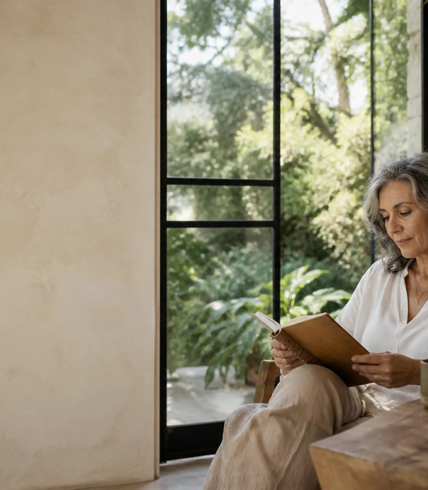 A reader studying beside a garden window