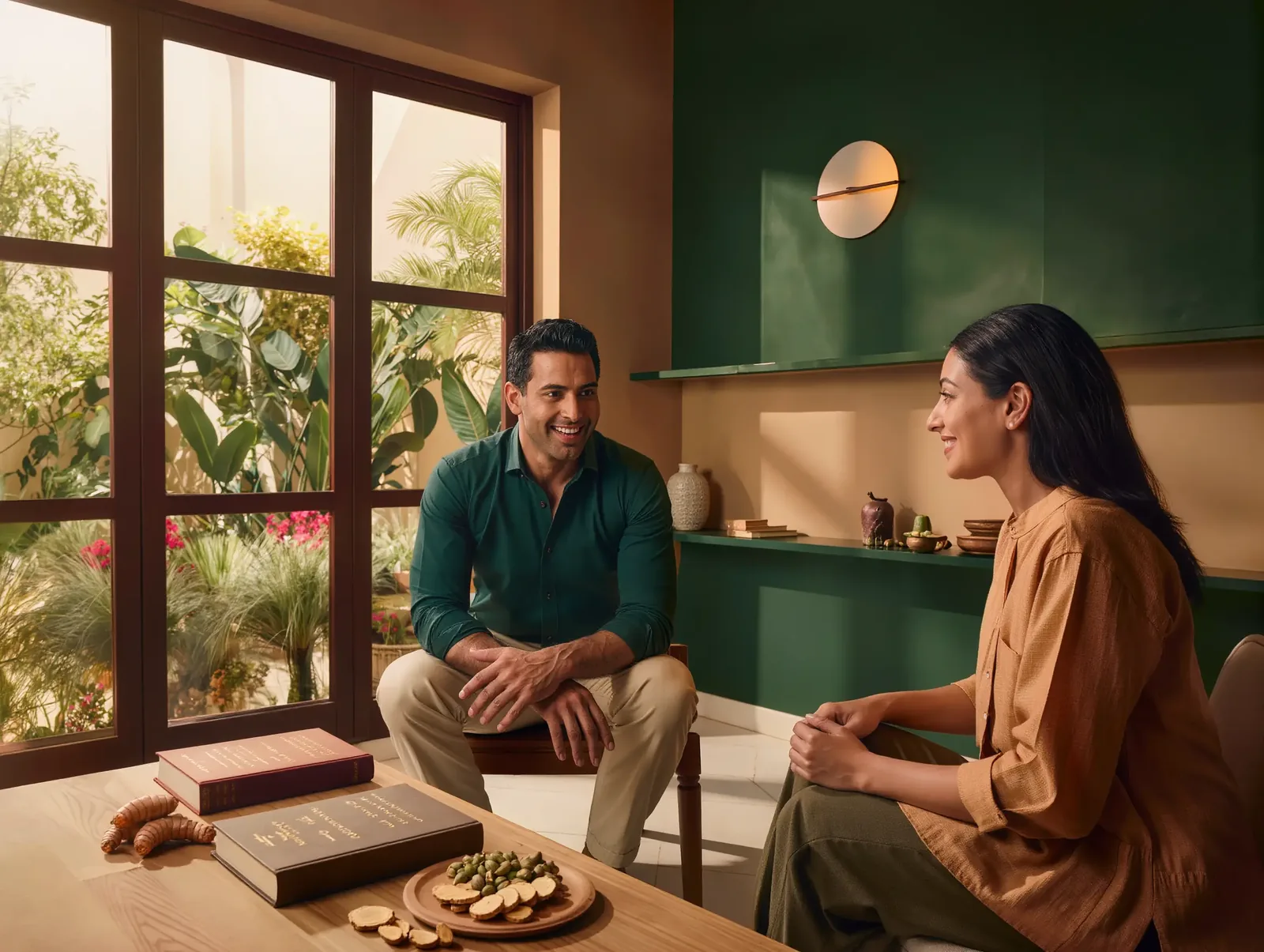 Two people in a calm, contemporary consultation beside a garden window.