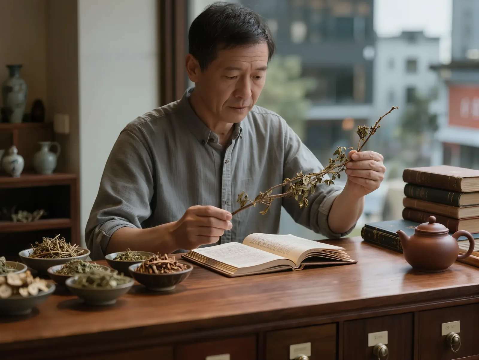 A herbal professional examining dried plants beside an open reference book.
