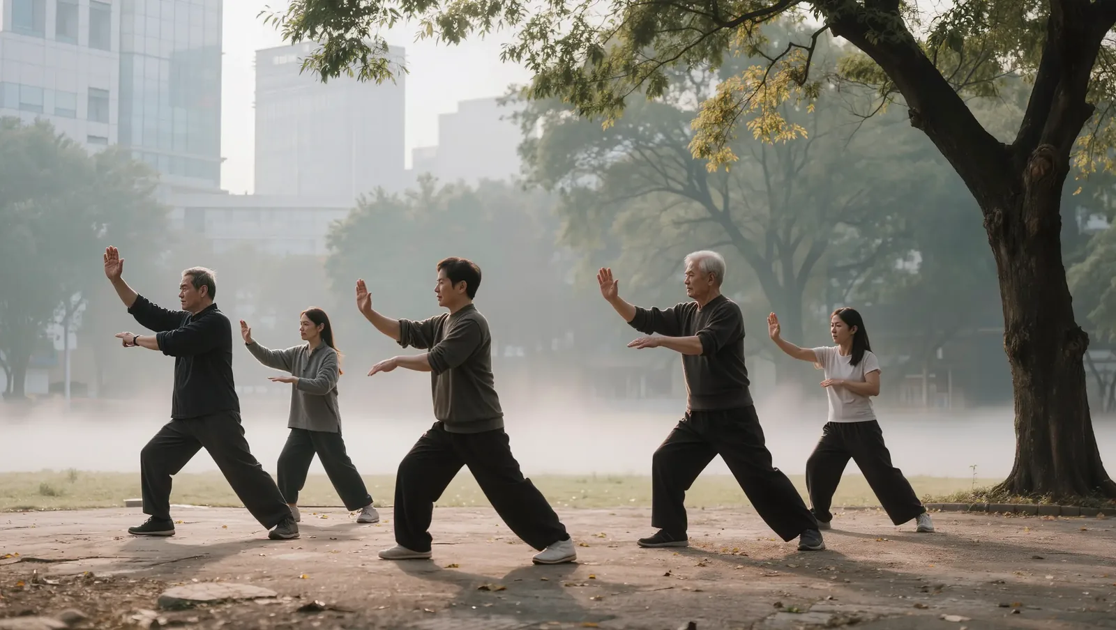 An intergenerational group practising qigong in a public park.